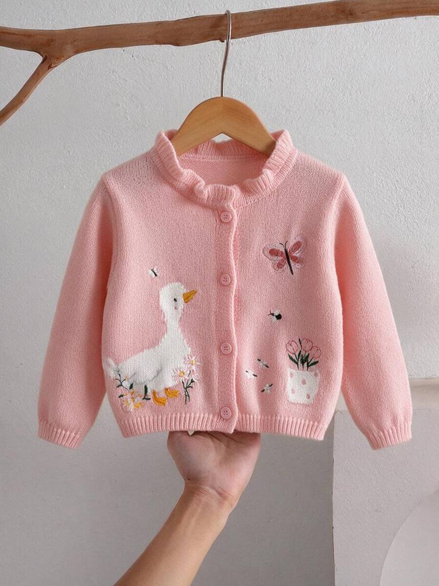 女嬰百搭甜美刺繡單排扣長袖針織秋季開襟衫 - 淺粉色 - 查看 1