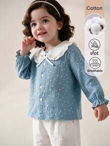 SHEIN 1pc Toddler Baby Girls Peter Pan Collar Blouse Sweet Blue Polka Dot Print Bow Ruffle Long Sleeve Round Neck Regular Party Spring Holiday Tops - Baby Blue - View 1