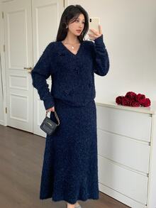 Feyla Women's 2pcs Bow Decor Knitted Set, Round V-Neck Long Sleeve Loose Sweater & High Waist Long Skirt - Blue - View 1