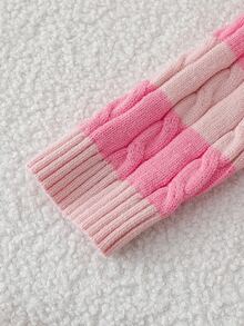 1件女童經典粗繩編織套頭毛衣，淡粉色冬季返校女學生V領修身長袖上衣，附馬匹刺繡 - 粉色 - 查看 6
