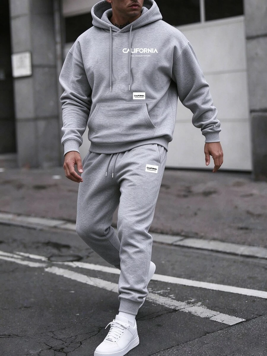 Manfinity Homme 男士 California 圖案連帽衛衣與慢跑褲套裝,寬鬆版型 2 件式運動休閒套裝,適合街頭穿搭 - 灰色 - 查看 1