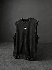 BATMAN X SHEIN Gym Rark 男士字母印花休閒健身運動背心 - 黑色 - 查看 2
