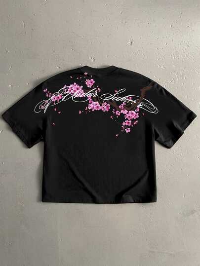 Swayrox Under Sakura Cherry Blossom Print Street Style Black Cropped T-Shirt, Romantic Cherry Blossom Meets Street Black, Oversized Dropped Shoulder Cut Flattering For All Body Types, Striking Back Graphic Print, Elegant Cursive Font Expressing Personalized And