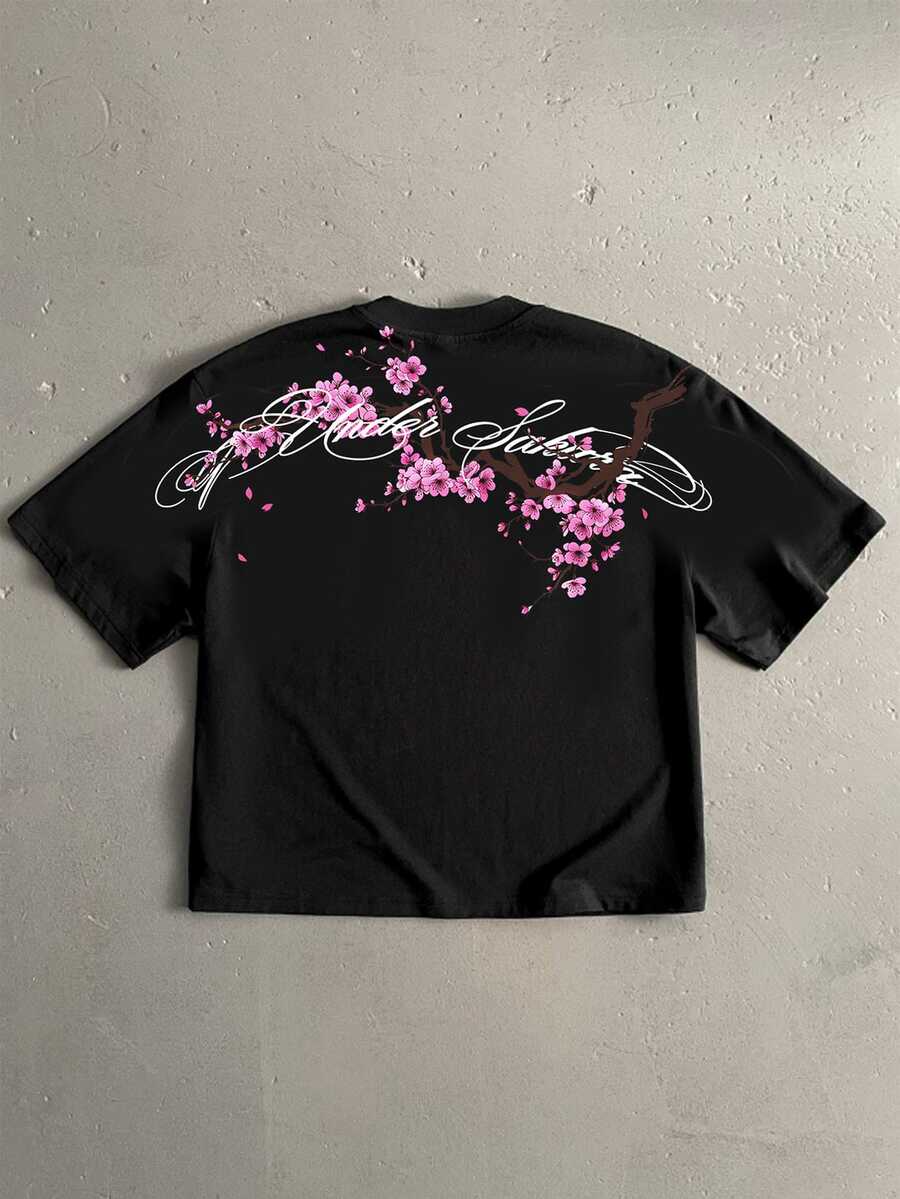 Manfinity ZONE917 Under Sakura Cherry Blossom Print Street Style Black ...