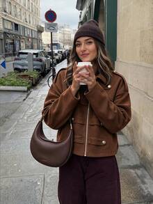Struktiv Women's Autumn/Winter Sleeve Cuff Decor Napoleon Element Casual Street Style Regular Commute Wearable Thin Jacket - Mocha Brown - View 4