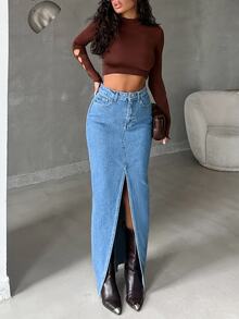 SHEIN تنورة جينز طويلة بفتحة فخذ وأزرار أمامية - أزرق متوسط - مشاهدة 5