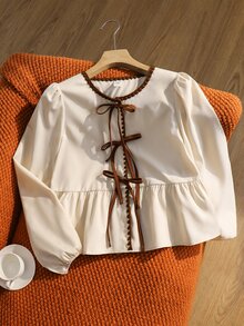 SHEIN Tween Girl Woven Colorblock Round Neck Puff Sleeve Casual Shirt - Multicolor - View 1