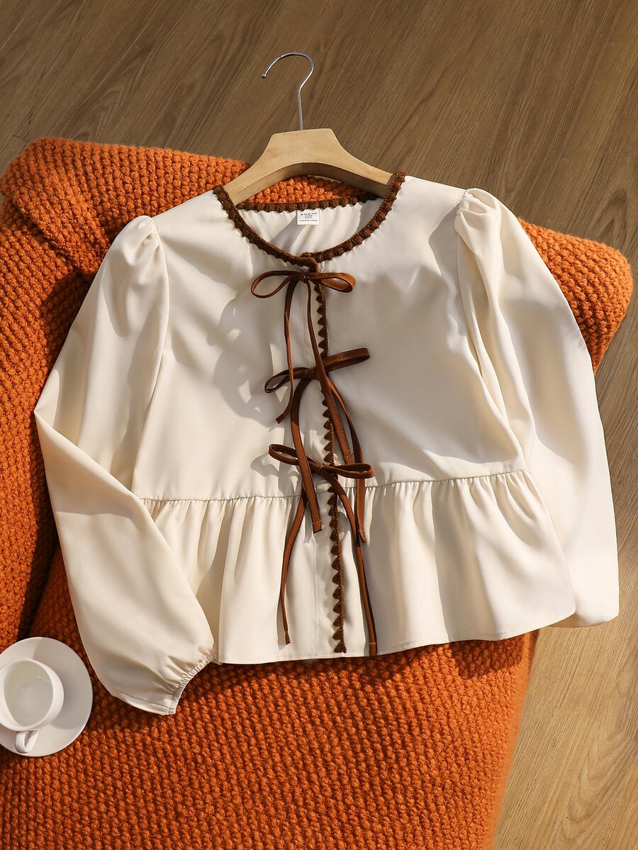 SHEIN Tween Girl Woven Colorblock Round Neck Puff Sleeve Casual Shirt - Multicolor - View 1