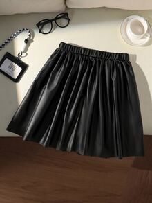Tween Girls Faux PU Leather Skirt Black Elastic Waist Laser Cut Out Scallop Hem A Line Flared Pleated Plain Skirts - Black - View 2