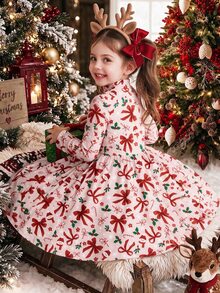 Tween Girl Casual Minimalist Kids Long Sleeve Midi Dress, Suitable For Autumn/Winter, Christmas Atmosphere, Party, Street Style - Multicolor - View 5