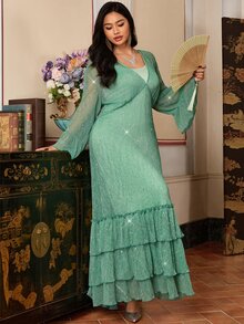 EastFlair Plus Size Women's V-Neck Pleated Fashion Party Dress - Green - View 6
