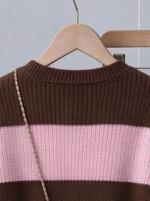 SHEIN 女童長袖粉色漸層條紋圓領套頭毛衣，冬季款 - 彩色 - 查看 5