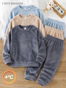 SHEIN 青少年男孩純色兒童插肩袖長袖上衣與長褲家居服 - 灰色 - 查看 7