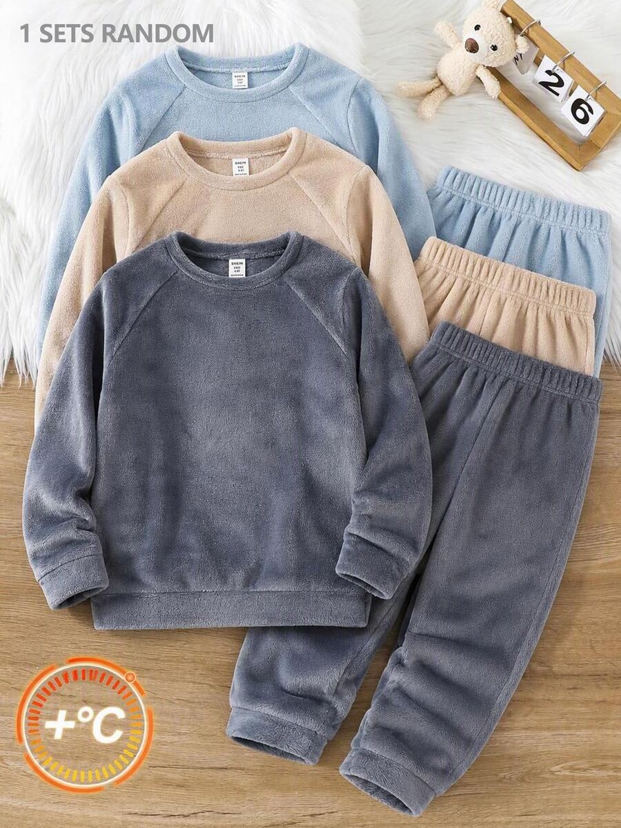 SHEIN Tween Boy Solid Color Kids Raglan Long Sleeve Top And Pants Loungewear - Grey - View 1