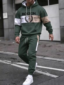 Manfinity Homme 男士 Boston 圖案拼色連帽衛衣與慢跑褲套裝，寬鬆版型聚酯纖維運動套裝，秋冬街頭風 - 彩色 - 查看 1