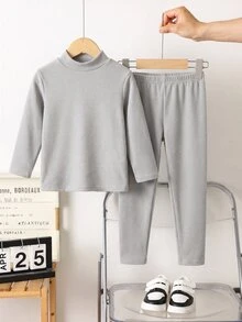 SHEIN 兒童 2 件組 青少年男孩休閒配色保暖領長袖上衣與長褲內衣套裝，適合秋冬穿著 - 灰色 - 查看 3