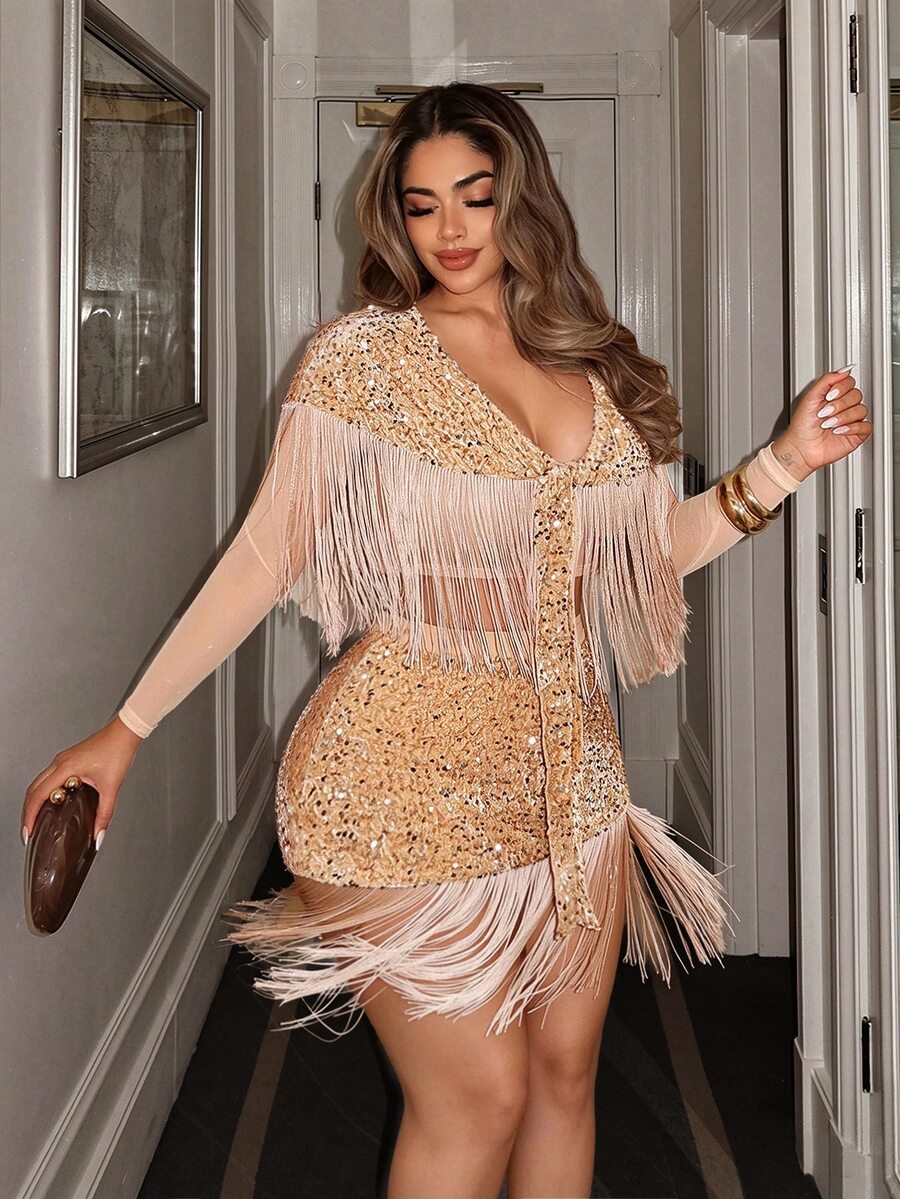 NU&NOW Bộ 2 món size lớn đính sequin tua rua tay dài buộc dây cho sân khấu và tiệc - Vàng - Xem 1