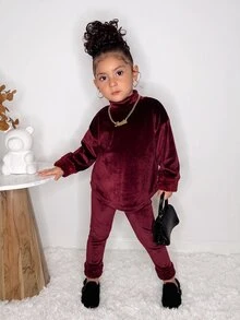 SHEIN 2pcs/Set Young Girl Fashion Casual Drop Shoulder Ribbed Knit "Smile" Graphic T-Shirt And Leggings - Burgundy - View 3