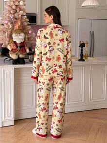 SweetSlumber Cookie Man Christmas Print Sweet Ins Colorblock Lapel Long Sleeve Women Pajama Set - Apricot - View 2