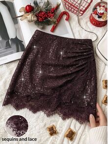 Muvela Women's Sequin Lace Skirt - Brown - View 1