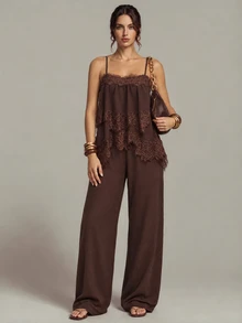 SHEIN Tall Tall Women's Brown Lace Spliced Camisole And Long Pants Two Pieces Set Fashion - Brown - View 4