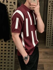 Manfinity CasualKnits 男士對比條紋短袖針織上衣 - 酒紅色 - 查看 4