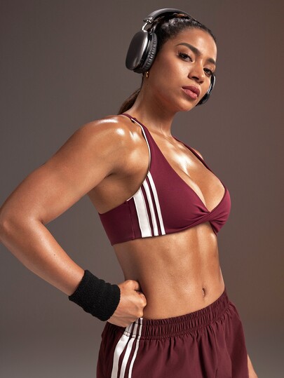 Powerista Women's Burgundy & Cream Colorblock 3-Stripe Removable Padded Twist V-Neck Criss-Cross Back Pullover Sports Bra