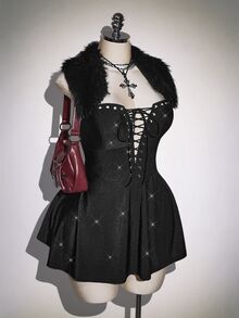 SHEIN ICON Plus Size Y2K Fur Collar Square Neck Backless Square Neck Deep V Cross Tie Mini Dress, Sexy Christmas Party Snow Dress - Black - View 6