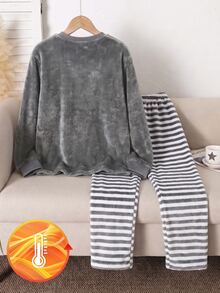 男童圓領簡約灰色長袖寬鬆版型2件套，加厚保暖居家服，雙面法蘭絨親膚細緻羊羔絨舒適休閒家居服，適合秋冬日常居家與休閒穿著 - 灰色 - 查看 3
