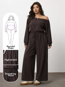 Enliva Plus Size One Shoulder Wide Leg Jumpsuit With Elastic Waist Compatible With Apple Body Round Body - Brown - View 1