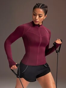 Powerista 女款字母印花拉鍊運動外套，高彈性健身訓練外套，適合重量訓練、運動休閒日常穿著 - 紅色 - 查看 5