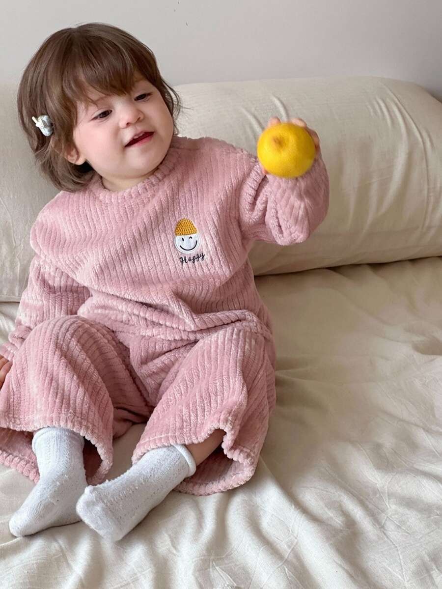 DAZY 2件組女嬰卡通刺繡圓領休閒居家服套裝,秋冬女童幼兒服飾 - 粉色 - 查看 1