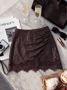 Muvela Women's Sequin Lace Skirt - Brown - View 8