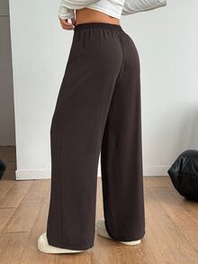 SHEIN PETITE 女款 Y2K 黑色基本款休閒純色寬腿褲，正式秋季冬季搭配，鬆弛高腰西裝長褲，喇叭褲，小個子通勤辦公穿搭 - 棕色 - 查看 2