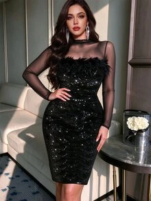 Velvienne Plus Size Elegant Sequin Bodycon Dress For Women - Black - View 3