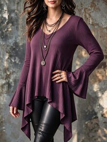 Linhara CURVE Women's Plus Size Brushed Ribbed Long Sleeve V-Neck Bell Sleeve Asymmetrical Hem Mid-Length Slimming Top, Casual T-Shirt For Autumn/Winter Fall - Brown - View 5