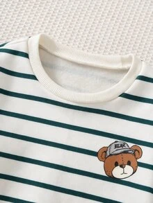 SHEIN 幼童男孩保暖內裡綠色條紋熊圖案運動衫與綠色燈芯絨長褲2件套，秋冬經典學院風上學日常穿搭 - 彩色 - 查看 6