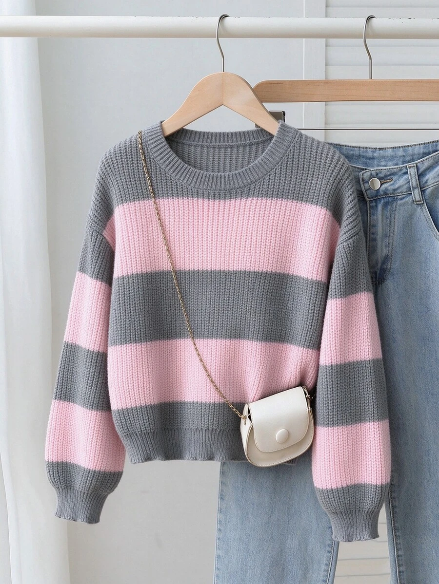 SHEIN Girls' Long Sleeve Pink Gradient Striped Pullover Crew Neck Sweater, Winter - Multicolor - View 1