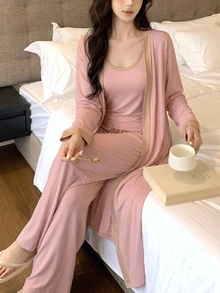 DAZY 女款對比飾邊背心上衣、晨袍與長褲家居服套裝 秋季 - 粉色 - 查看 4