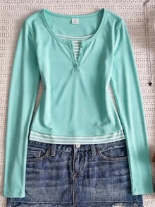SHEIN Teen Girl Patchwork Striped 2 In 1 Long Sleeve Casual T-Shirt - Multicolor - View 4