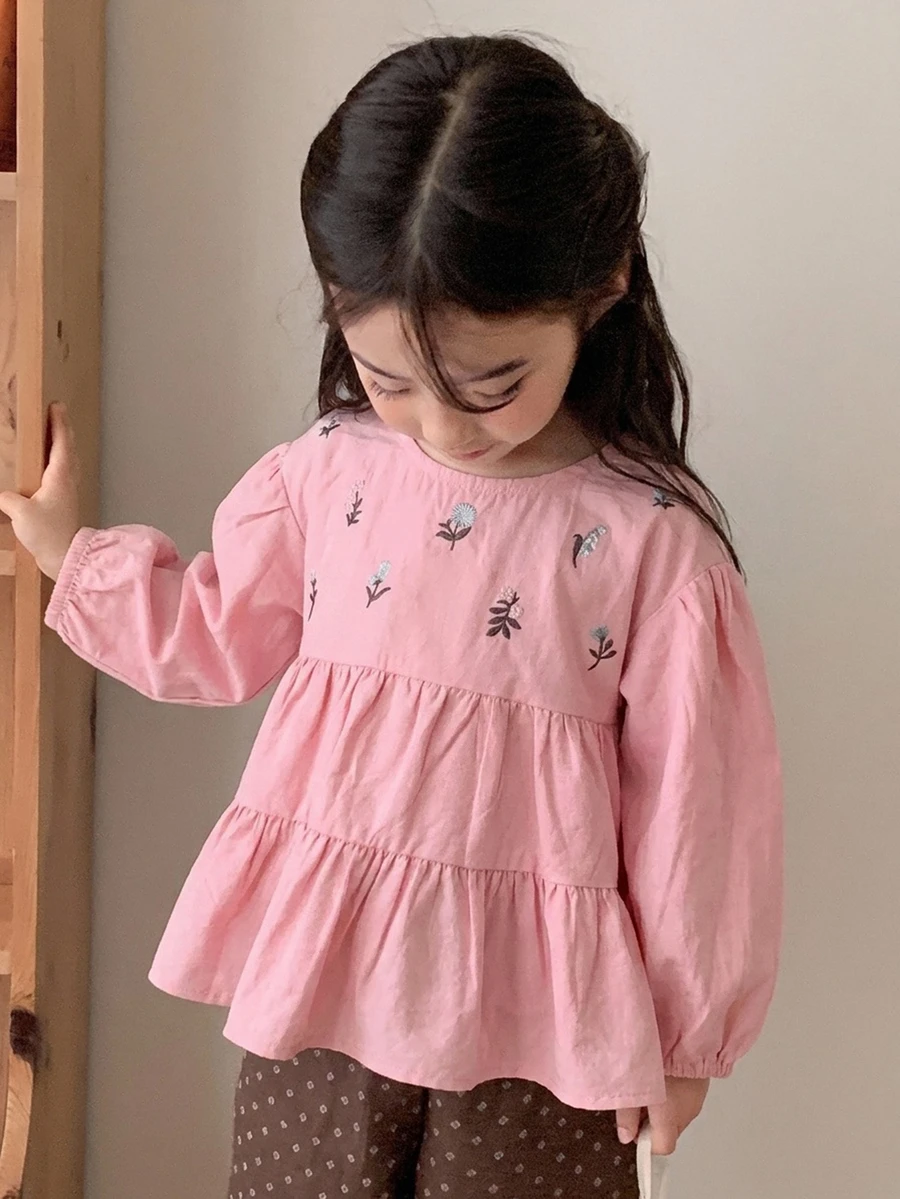 Dazy Kids 女童花卉刺繡長袖荷葉邊可愛上衣 - 粉色 - 查看 1