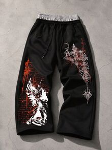 ROMWE MEN Street Life 男士彈性腰頭圖案印花休閒日常運動長褲 - 黑色 - 查看 3