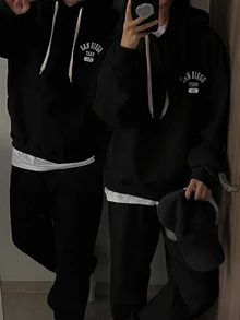 DAZY Autumn/Winter Thermal Lined Black Hooded Sweatshirt Set With Letter Print On Chest And Back For Men - Black - View 2