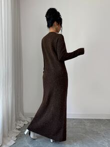 Selianne Women's Autumn/Winter Slouchy Round Neck Knit Sweater & High Waist Long Skirt 2 Pieces Set, Loose Long Sleeve Pullover - Brown - View 2