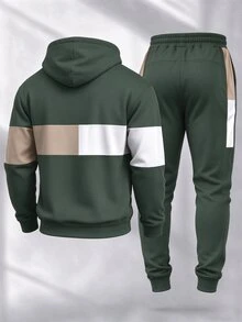 Manfinity Homme 男士 Boston 圖案拼色連帽衛衣與慢跑褲套裝，寬鬆版型聚酯纖維運動套裝，秋冬街頭風 - 彩色 - 查看 2