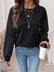 SHEIN LUNE Women's Polka Dot Patchwork Casual Daily Long Sleeve Sweatshirt - White - View 5