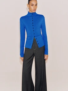 Anewsta Essential Elegant Blue Women's Knitted Rayon Slim Fit Button-Down Cardigan Top For Daily Commute In Autumn - Blue - View 8