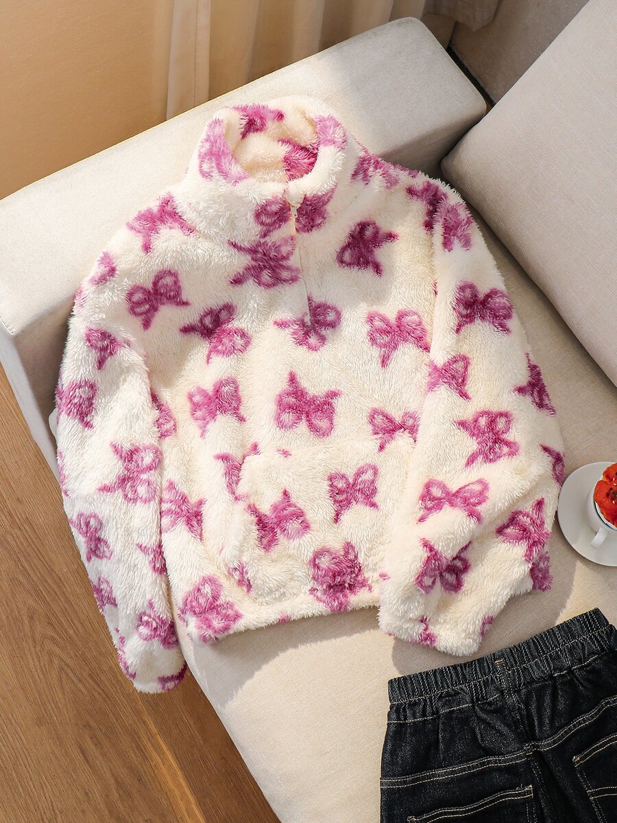 SHEIN Tween Girl Knit Faux Fur Stand Collar Bow Pattern Loose Casual Sweatshirt - Multicolor - View 1