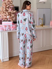 SweetSlumber Pyjamasset för kvinnor med pepparkaksgubbe-krage, långa ärmar och byxor, jultema - Blå - Visa 2
