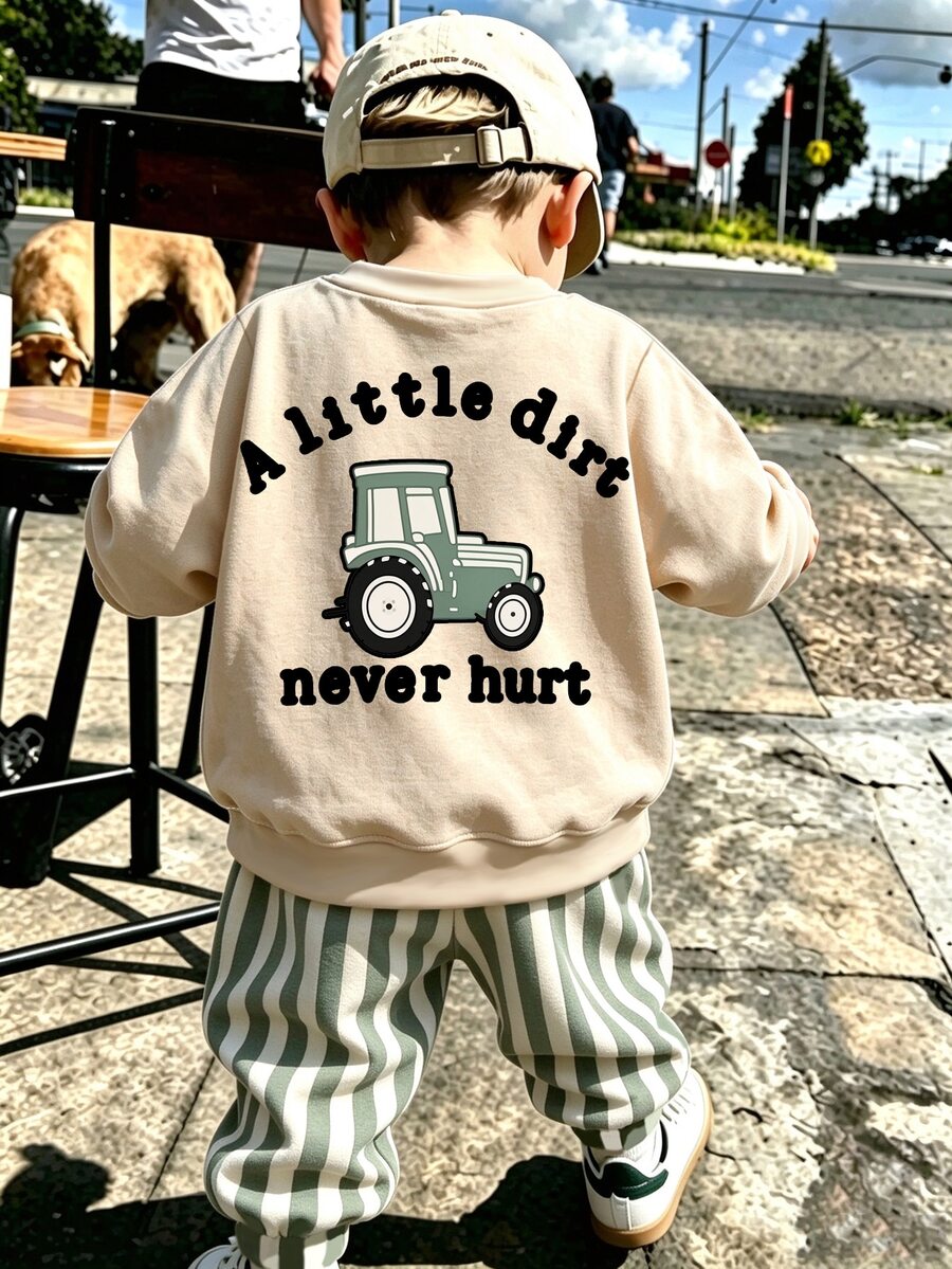 1套幼兒復古休閒長袖衛衣套裝，圓領標準肩長袖，背面精緻卡通綠色拖拉機印花搭配弧形文字，鬆口綠白直條紋運動長褲，2件套兒童戶外玩耍、幼兒園日常穿著，春秋男童時尚運動休閒套裝 - 彩色 - 查看 1